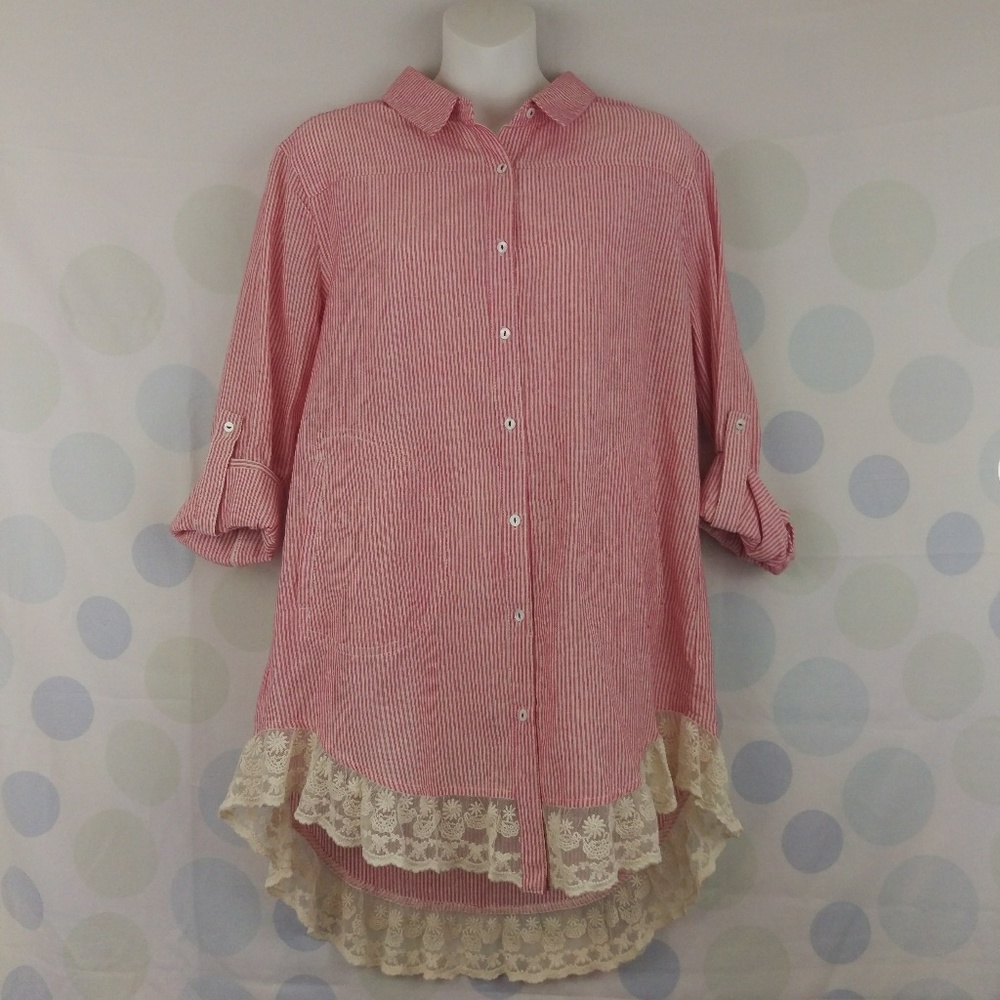 Umgee Country Striped Lace Trim Pockets Tunic - Picture 6 of 8